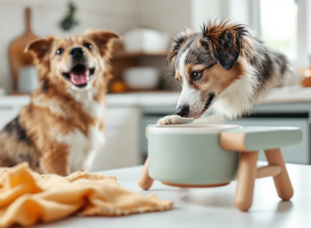 Close-up of a dog eating from a stylish ceramic bowl on a raised wooden feeder stand in a bright kitchen
