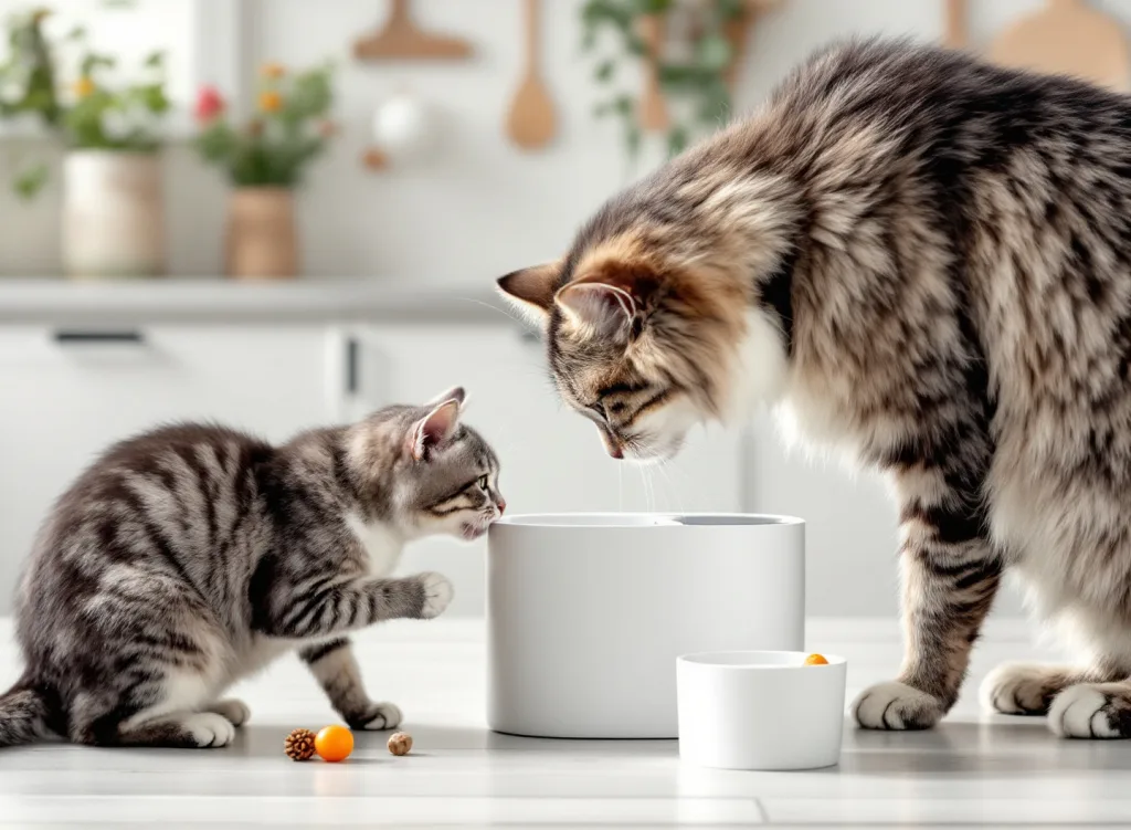 A grey cat drinking from a modern white pet water fountain on a light kitchen floor