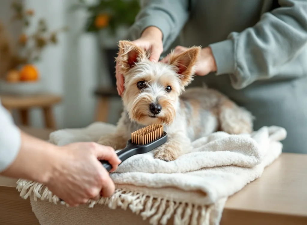 A small terrier dog being gently brushed with a grooming brush on a soft towel