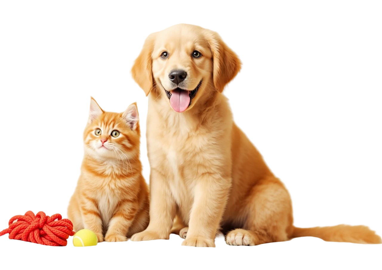 Golden-Retriever-Welpe und rotes Kätzchen sitzen zusammen