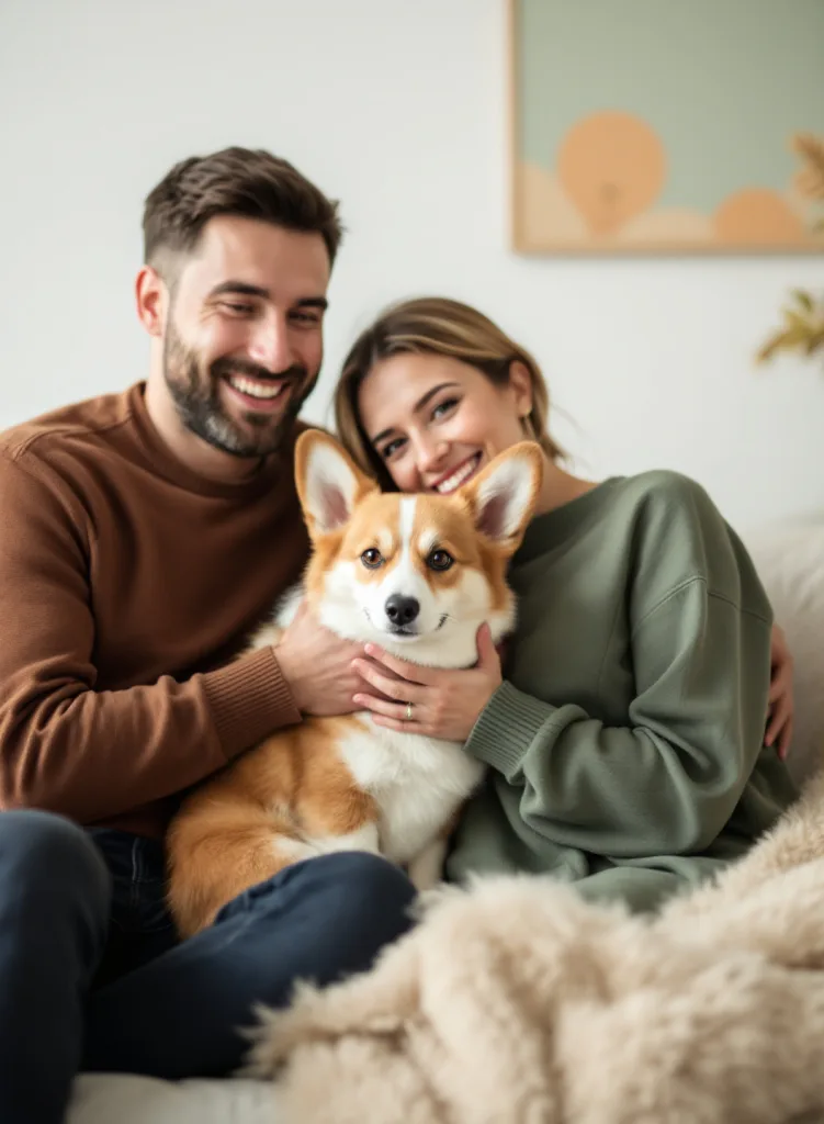 A smiling couple hugging their corgi on a sofa, warm and candid, vertical portrait