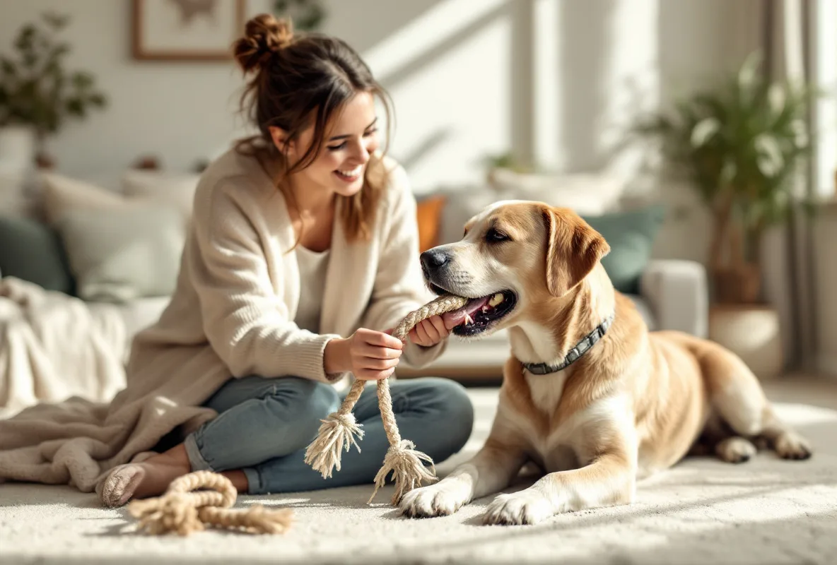 A young woman laughing while playing tug with her labrador puppy using a rope toy on a sunny living room rug